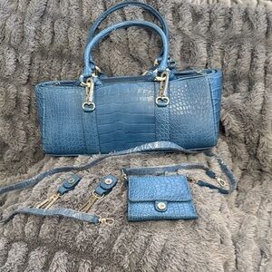 Joy Mangano Blue Croc-Embossed Shoulder Bag with Matching Pouch and 2 Key Chains